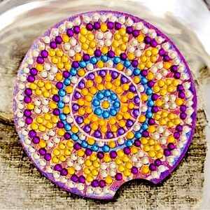 Colorful Car Coaster Hand Crafted & Sealed Diamond Art Cork Backing 2.8” Round